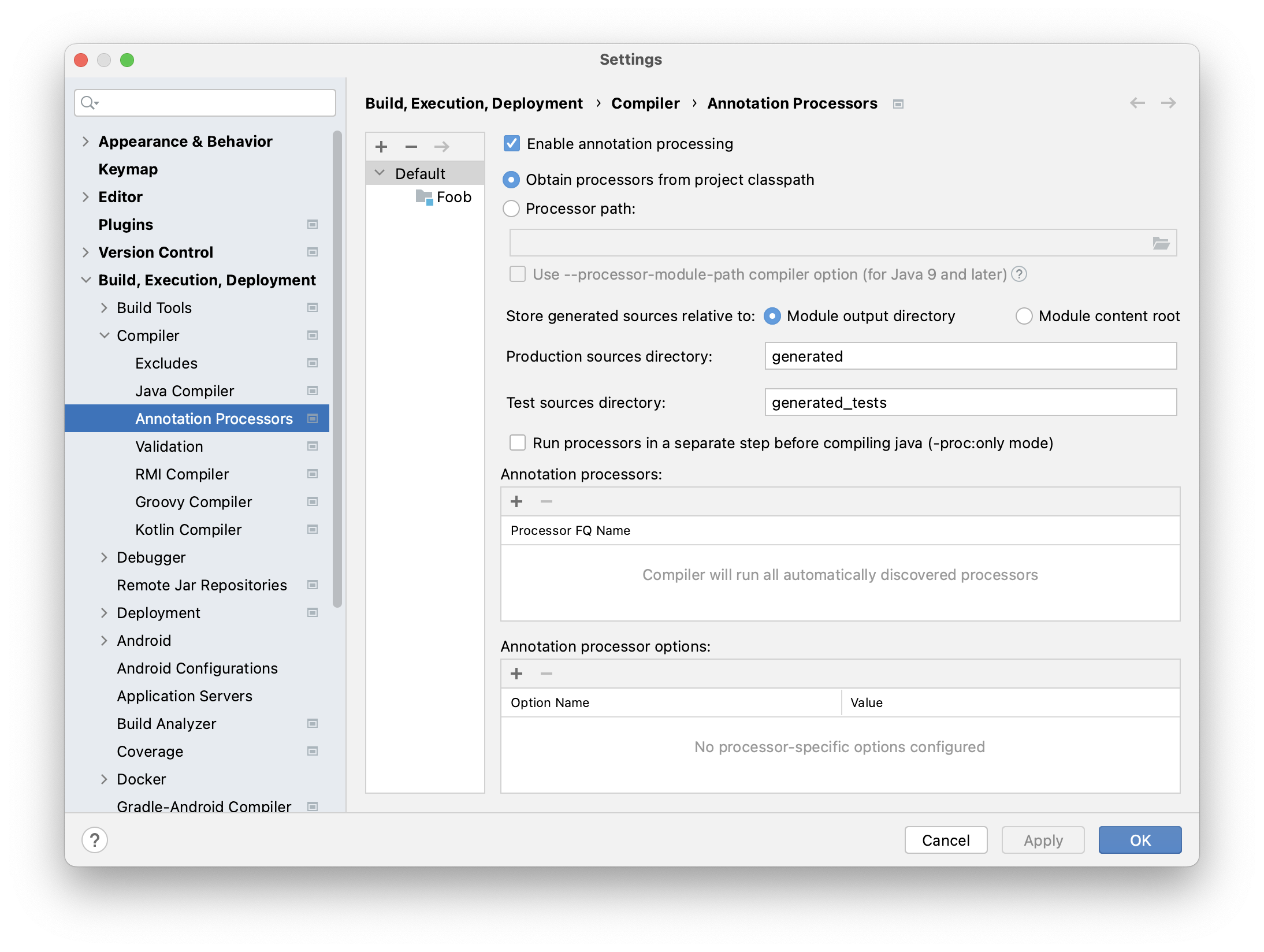 General settings dialog showing “Enable annotation processing” checkbox checked for the project