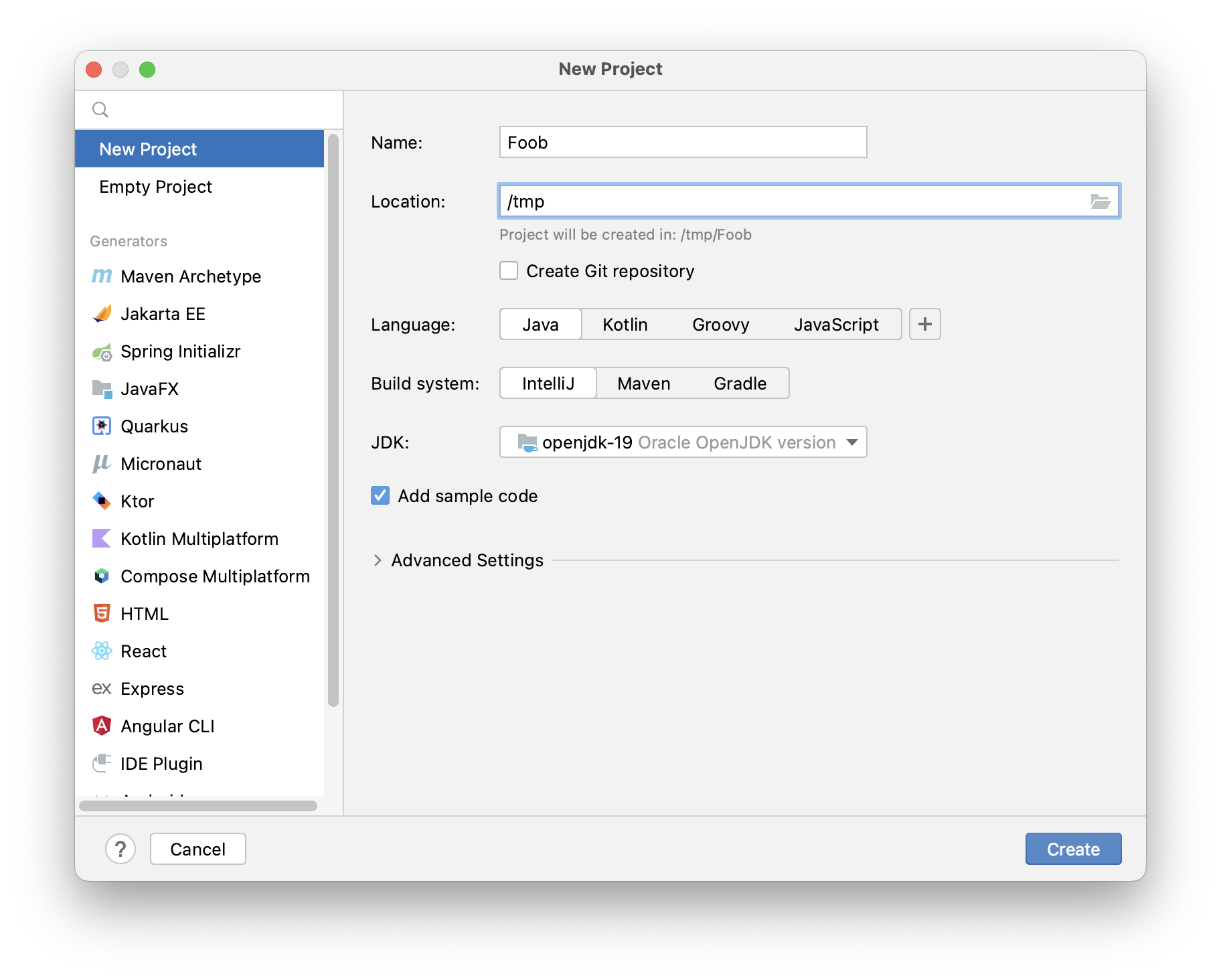 IntelliJ default project creation dialog