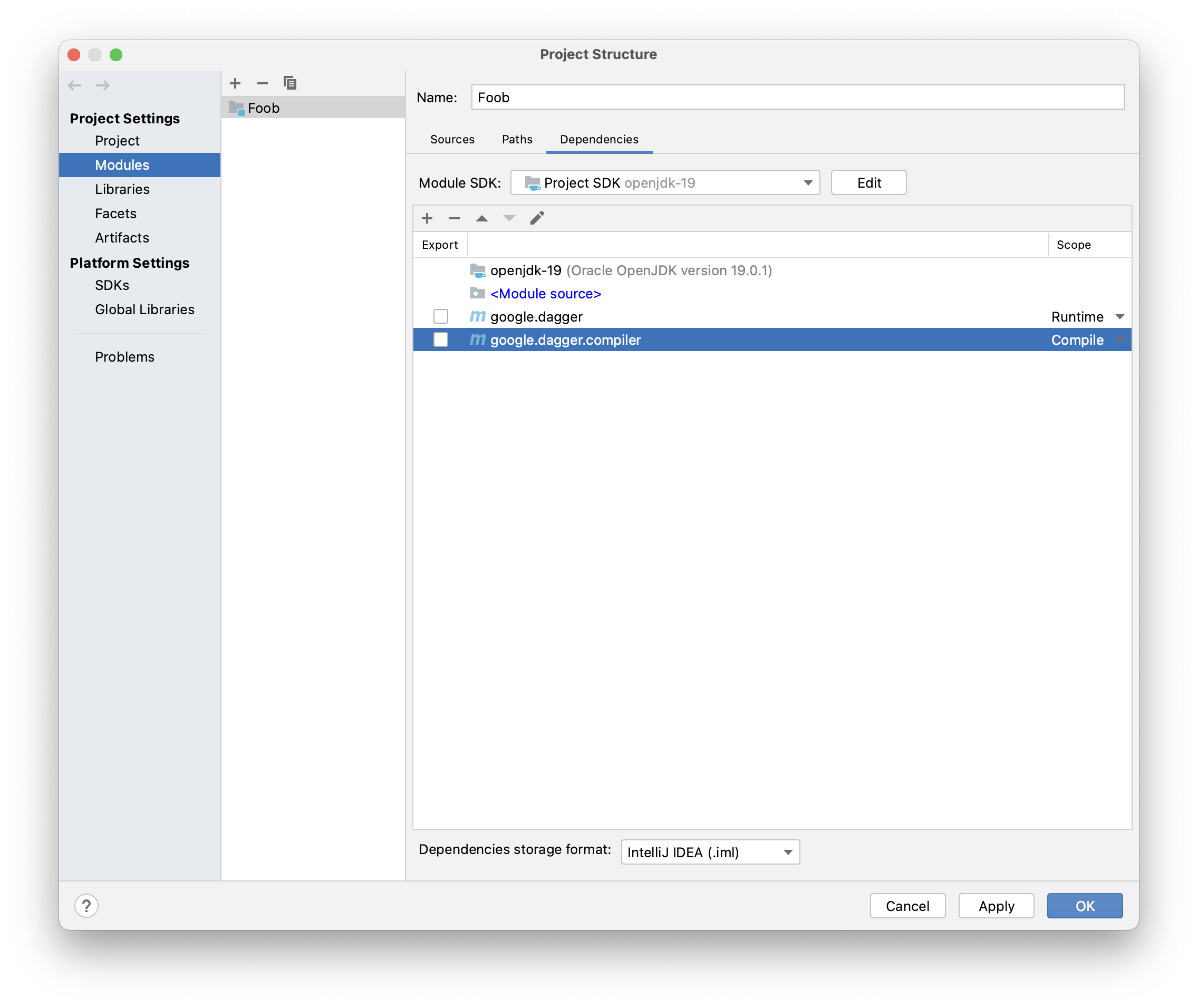 Project module dependencies dialog showing a runtime dependency on “google.dagger” and a compile-time dependency on “google.dagger.compiler”