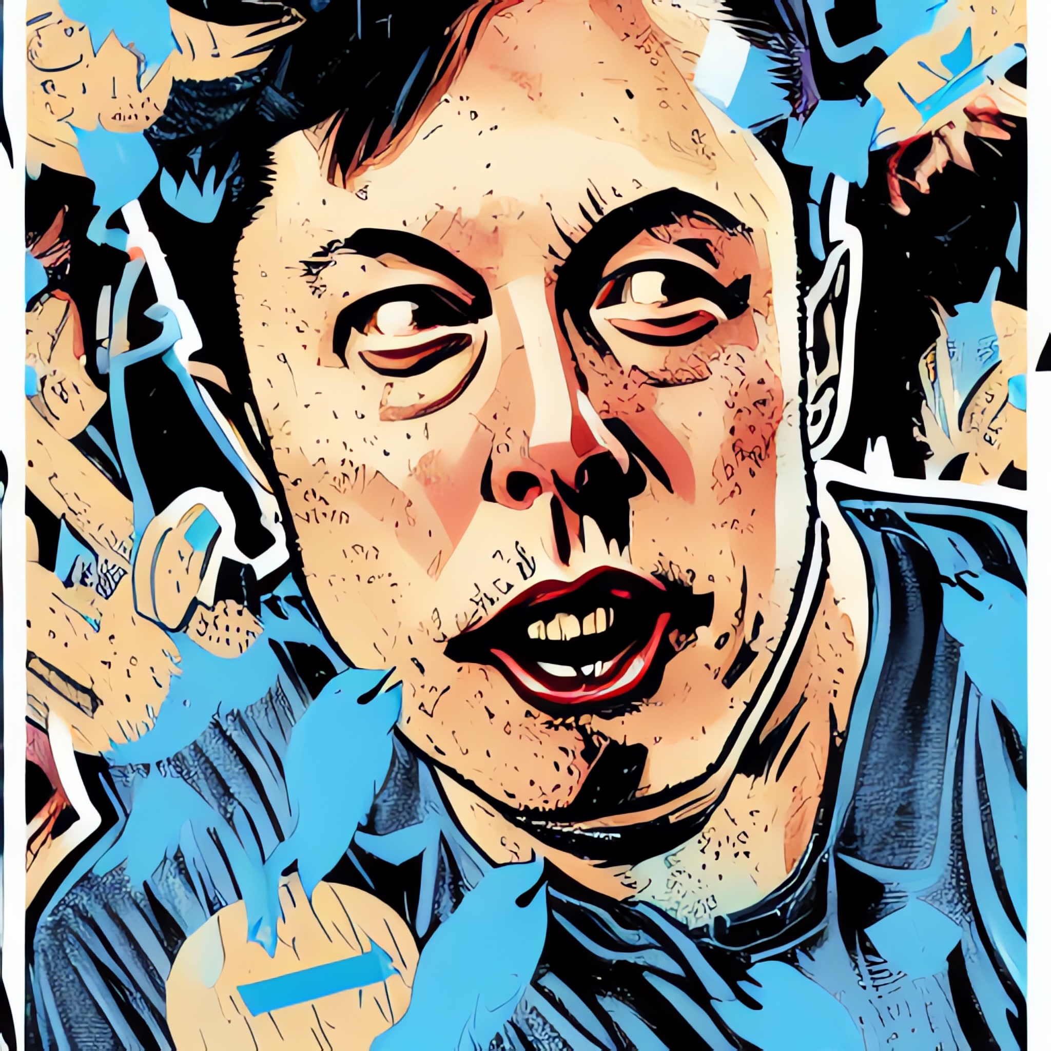 Stylized face of Elon Musk surrounded by distorted Twitter blue birds