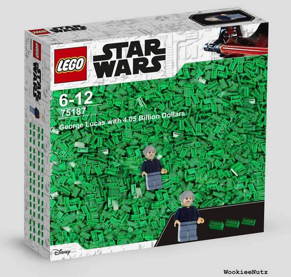 A fictitious rendering of a Lego Star Wars set called “George Lucas with 4.05 Billion Dollars”, featuring a George Lucas minifig lying on top of a vast ocean of green 1x2 plates with currency print.